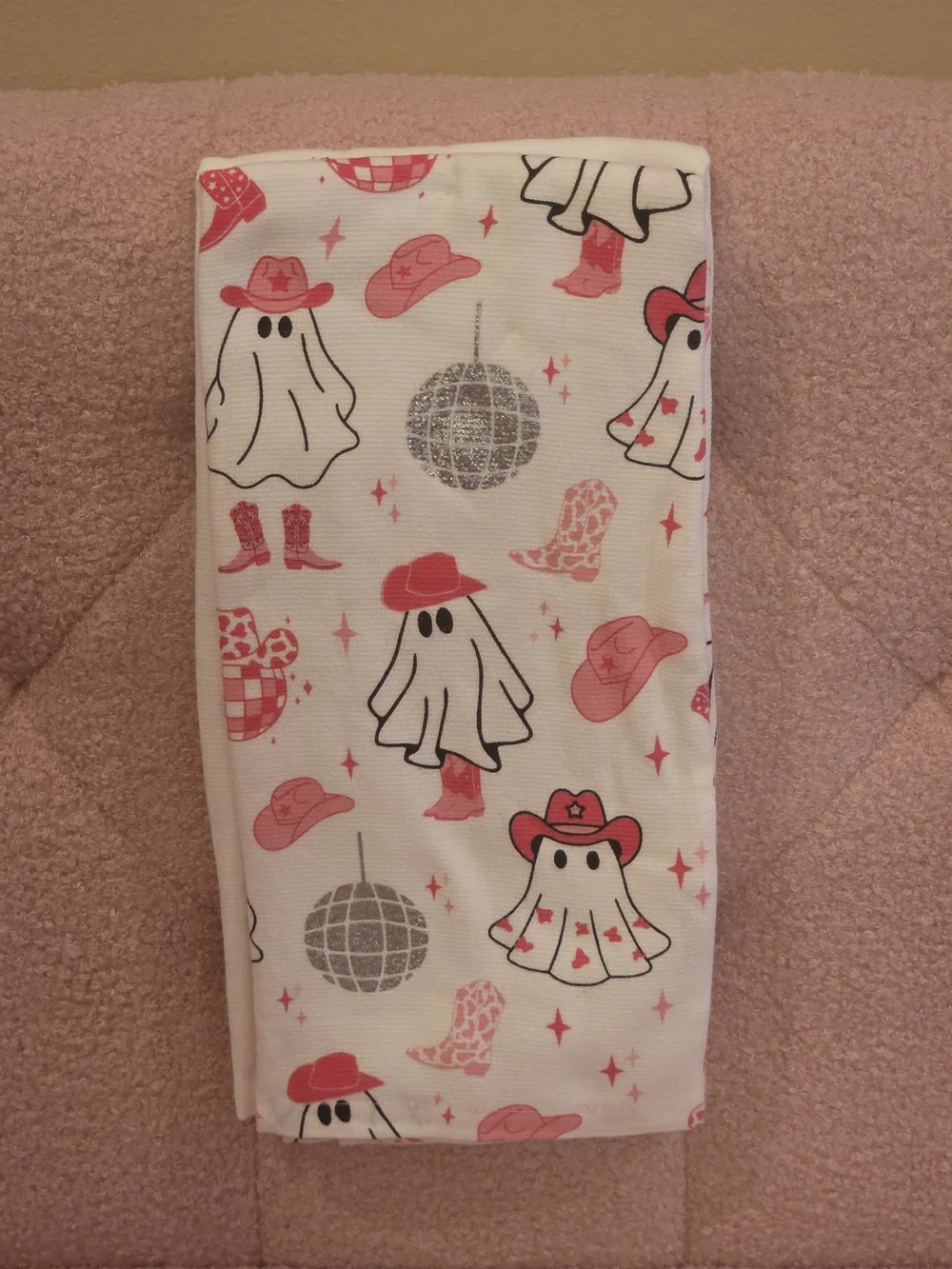 Let's Go Ghouls Ghost Kitchen Towel - White and Pink